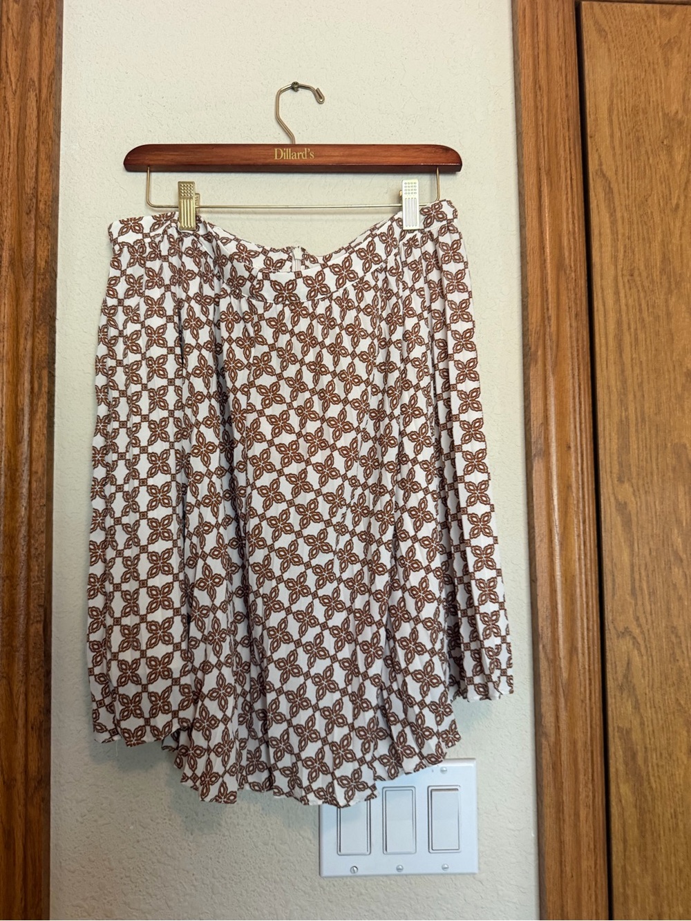 J. Crew Factory Cream Midi Skirt with Brown Geometric Print